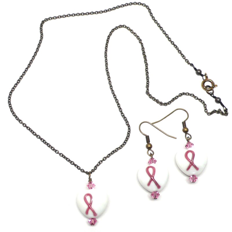 SET Pink Ribbon Awareness White Lamp Work Glass Heart Chain Necklace and Earrings